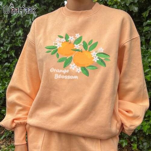 Waatfaak Harajuku Orange Embroidery Oversized Sweatshirt Crewneck Casual Y2K E Girl Pullover Korean Autumn Winter Street Top
