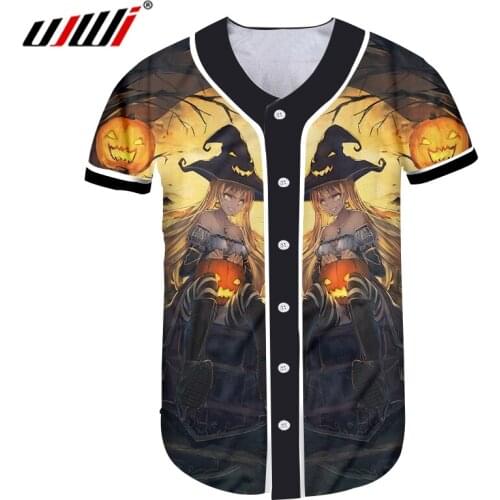 UJWI Halloween New Man Tshirt 3D Printed Anime Doll And Flame Pumpkin Best Selling Personality Loose Mens Baseball Shirt
