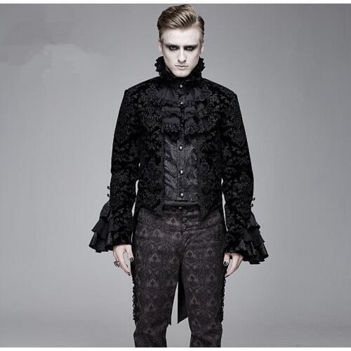 Vintage GothiC Men Jacket Black Red Color Necktie Formal Dress Coat Swallowtail Men Coat Party Wearing Embroidery
