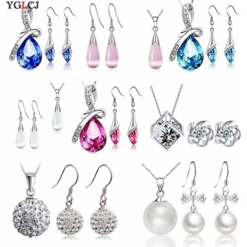 YGLC JCrystal Pendant Necklace Earrings 2 Piece Set Fashion Elegant Jewelry Set Lady Valentines Day Engagement Party Gift