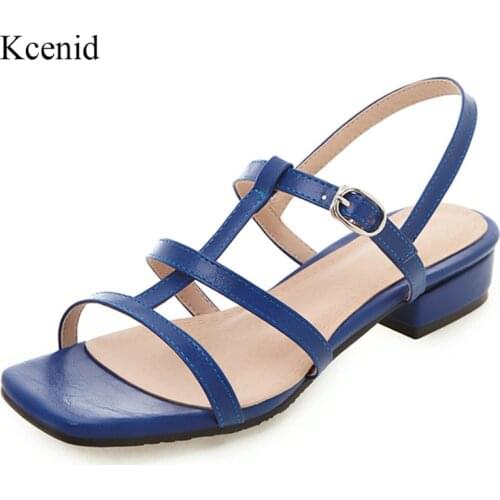 Kcenid Hot sale PU sandals women summer square heel gladiator sandals buckle strap concise shoes blue sandals for women big size