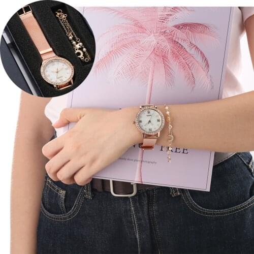 Women Birthday Gift Rhinestone Romen Digital Shell Dial Watch Mesh Band Ladies Quartz Watch Star Bracelet Gifts Set For Girls