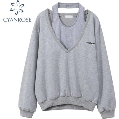 2 Pieces Sets Sweatshirt Women 2021 Spring Halter Collar Camisole+V Neck Loose Oversized Sportswear Outer Streetwear Outfits Top