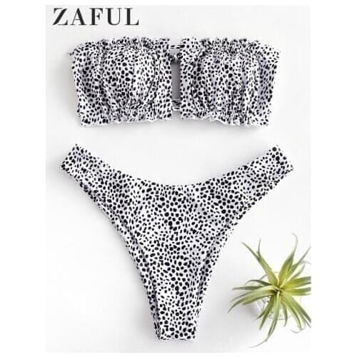 ZAFUL Animal Print Frilled Tie Bandeau Bikini Set Strapless Leopard Print Swimsuit Tie Cutout High Cut Bikini Women Swimwear New