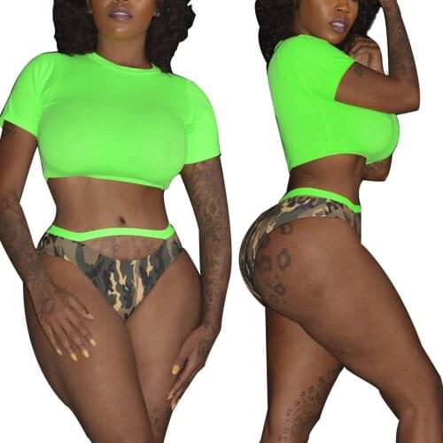 2021 Women Summer Two-piece Swimwear Set Round Collar Short Sleeve Crop Tops and Panties Black/ Green