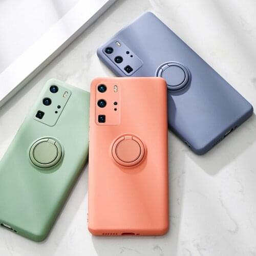 Liquid Silicone Metal Ring Phone Case For Huawei P40 P30 P20 Pro Camera Lens Protection For Mate 30 20 Pro Back Cover With Strap