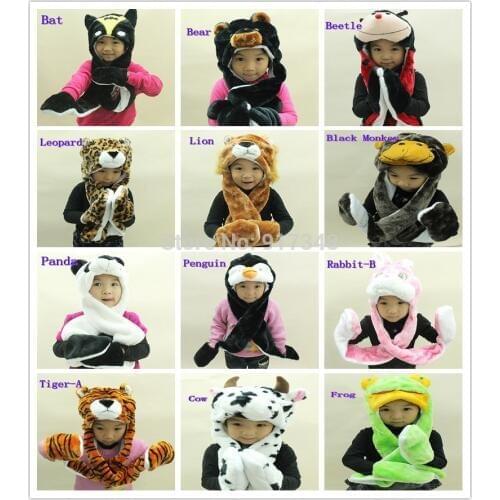 Animal Cartoon Winter Hat Scarf Glove Panda / Duck / Frog / Wolf / Cat / Monkey / Elephant / Brown Tiger / White Tiger