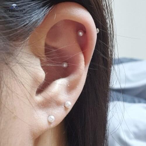 4 Pcs 18G Rod 3/4/5/6mm White Round Pearl Ear Ring Stud Stainless Steel Helix Piercing Tragus Conch Piercing Cartilage Earrings