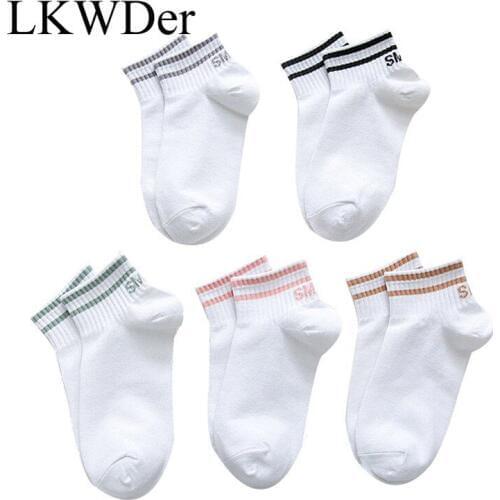 LKWDer 5 Pairs Women Socks Ladies Striped Letters Socks Japanese College Wind White Cute Girls Cotton Art Socks Calcetines Mujer