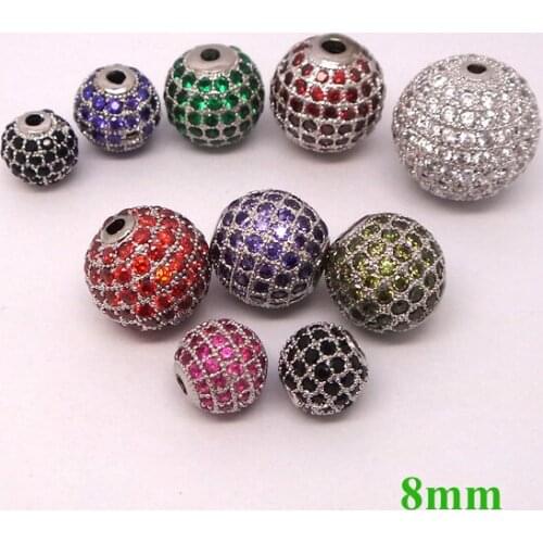 8mm Round Ball Micro Pave Zircon CZ European Charms Rhodium Plated Multi-color Big Hole Spacer Beads DIY Findings Making Bulk
