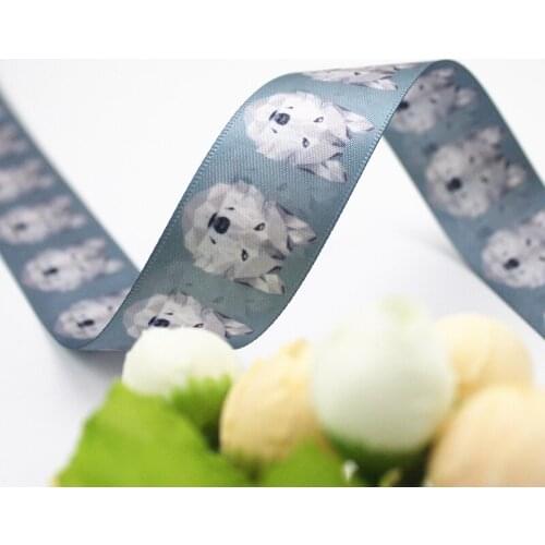 Satin Wolf printed ribbon 22mm/25mm flowers handmade bow ribbons wedding decor gift wrap satin fabric tape 25 yards