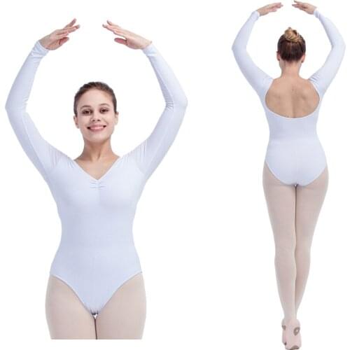 Retail Wholesale White Cotton/Lycra Long Sleeve Pinch Front V Neck Ballet Leotard for Girls and Ladies