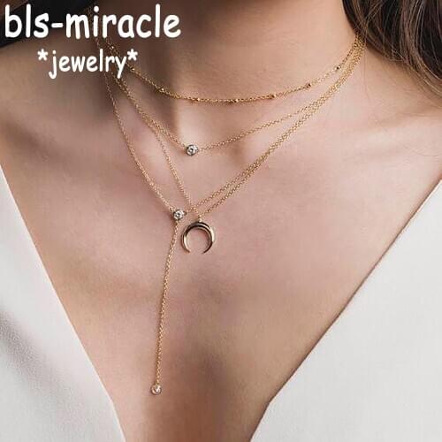 Bls-miracle Bohemian Multilayer Chain Necklace Pendant Women Vintage Gold Color Crescent Moon Crystal Statement Necklace Choker