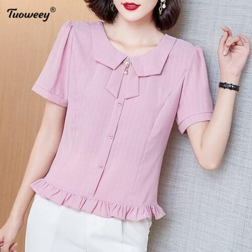 2021 New Summer style Middle Aaged Women Korean Chiffon O-Neck Blouse Tops Female pink solid Fashion Loose Plus Size 4xl Shirt