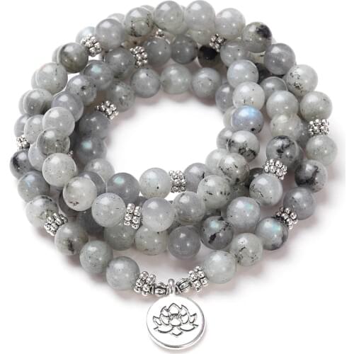 Natural Stone Women Men 108 Mala Labradorite with Lotus OM Buddha Charm Yoga Bracelet or Necklace Handmade Jewelry