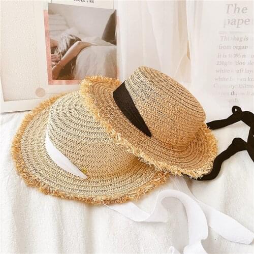 Childrens Grass Hat Flat Top Lafite Grass Korean Version Simple Ribbon Boys and Girls Sun Hat Sunscreen Baby Sun Hat Summer