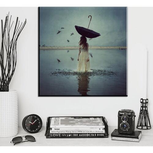 HH029 modern canvas art beautiful girl in water with umbrella birds canvas pictures oil art paintings for livingroom bedroom