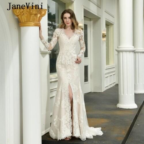 JaneVini Luxury Beading Lace Mermaid Wedding Dresses 2020 V Neck Long Sleeves Appliques High Split Sexy Bridal Gowns Robe Noiva