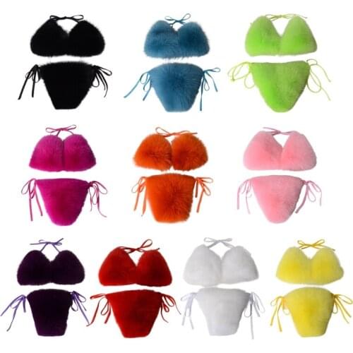 Women Sexy 2 Piece Faux Fur Bikini Set Halter String Triangle Bralette Swimsuit Tie Side Bottom Solid Color Plush Bathing