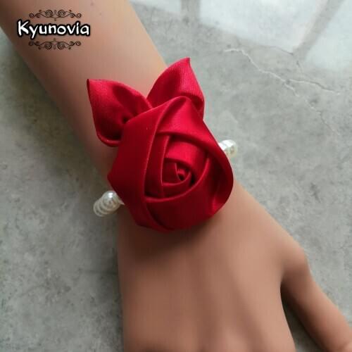 Kyunovia Wedding Bride Girl Bridesmaid Floral Hand Wrist Corsage Adjustable Ribbon Rose Bracelet Ceremony Party Prom Flower D160