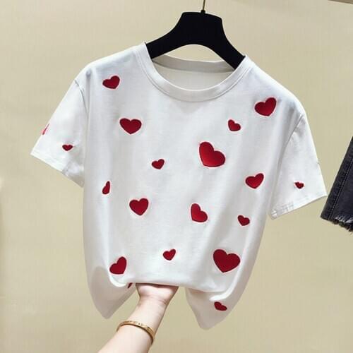 Summer Embroidery Love Tee Shirt Women Knitted Cotton Solid T-Shirt Women O-Neck Casual Korean Tops Female Harajuku 2020 New