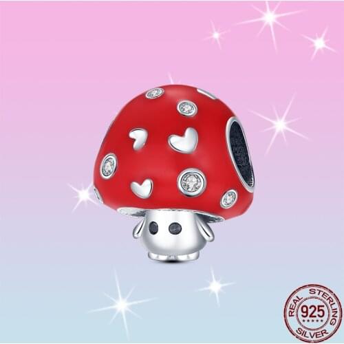 HOT SALE 925 Sterling Silver Rose Red Cute Little Mushroom Charm Beads Fit Original Pandora Bracelet Pendant Necklace Jewelry