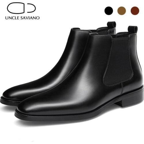 Uncle Saviano Chelsea Winter Solid Mens Boots Shoes Work Boots Fashion Designer Shoes Men Add Velvet Non-Slip Genuine Leather