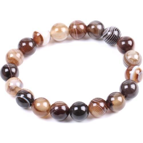 Natural Round Gem Stone Agates Onyx Men Bracelets Bangle 10mm Brown Stripe Ethnic Rosary Energy Beads Prayer Wristband