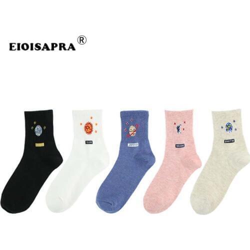 Korean Style Women Combed Cotton Casual Pure Color Pattern Universe Sun Moon Cute Socks Breathable Antiskid Harajuku Meias