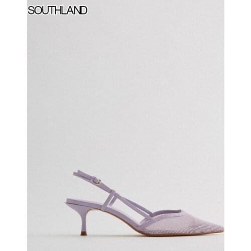 SOUTHLAND New Style 2020 Autumn Womens shoes Light Violet Women Slingbacks Mesh Buckle Lady Shoes Kitten Heels