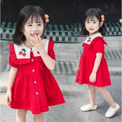 Cherry Baby Girl Dress 2020 Summer Sailor Collar Red Short Sleeve Dress Kids Clothes 2-6Y LT021