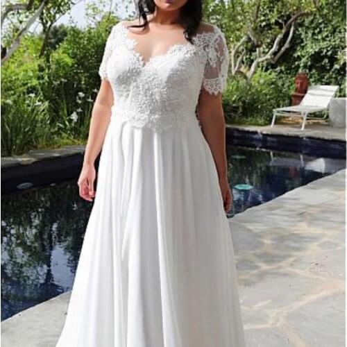 Tulle & Chiffon V-Neck A-line Plus Size Wedding Dresses With Beaded Lace Appliques Floor Length Bridal Gowns