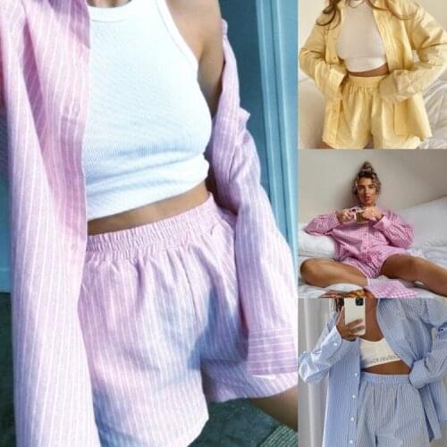 2021 Casual Plaid Striped Long Sleeve Shirt Top + Shorts Wide Leg Pants Two-Piece Set Loose High Waist Shorts Suits Home Wear