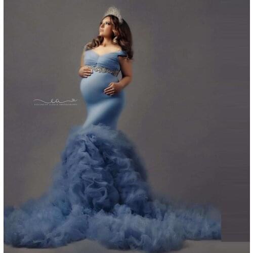 Lush Ruffles Tulle Mermaid Long Bridal Gowns For Pregnant Women Pretty Beads Crystals Waist Maternity Dress V-neck Sleevelesss