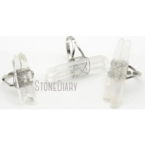 RM13009 10Pcs Clear Crystal Quartz Ring Wire Wrap Double Wrapped Silver Plated Faceted Pillar Ring Adjustable