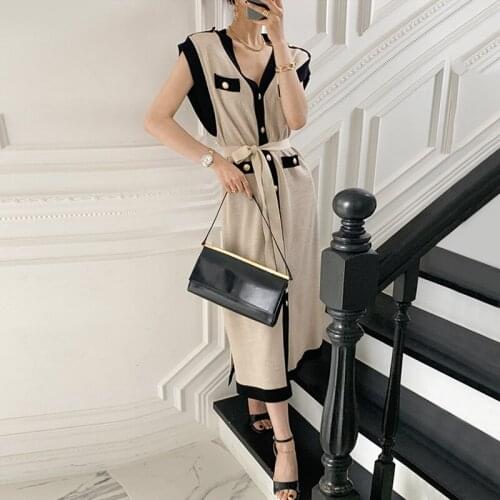 Chic French Summer Clothes New Fashion Temperament Loose V-Neck Belted Slim Waist Elegant Knitted Dress