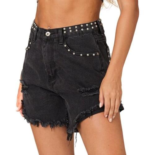 Sexy Black Pearl Rivet Denim Shorts Summer Slim Ripped High Waist Cowgirl Shorts Vintage Solid Hole Burr Straight Short Female