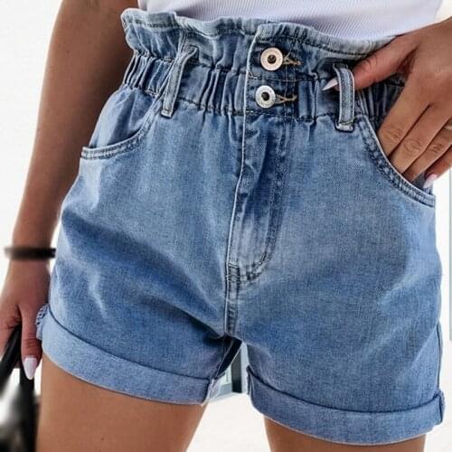 2021 Summer High Waist Denim Shorts Women Casual Loose Ladies Fashion Roll Up Hem Elastic Waist Pocket Blue White Jeans Female
