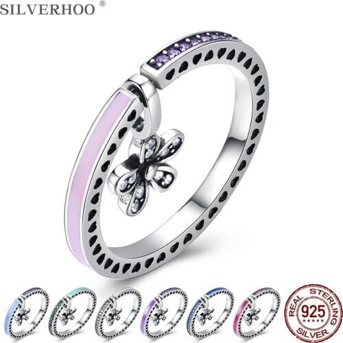 SILVERHOO Sterling Silver 925 Jewelry Hollow Heart Vintage Rings Women Colorful Flower Cubic Zirconia Finger Ring Birthday Gift