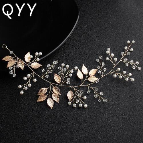 QYY Gold Color Leaves Pearl Crystal Wedding Headbands Vine Bridal Hair Accessories Hair Jewelry Handmade Princess Hairpieces