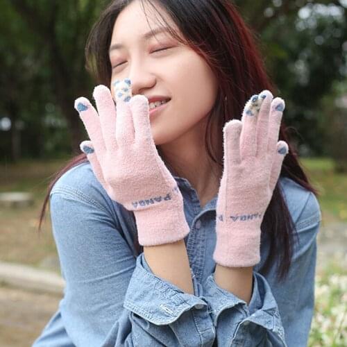Warm Winter Knitted Full Finger Gloves Mittens Women Cute Cartoon Panda Touchable Screen Gloves Hands Finger Gloves