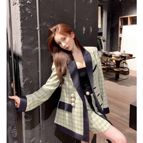Spring Fashion 2021 Women Patchwork Plaid Pearl Button Green Blazer Ladies Casual Coat Overcoat Ddxgz2 2.27