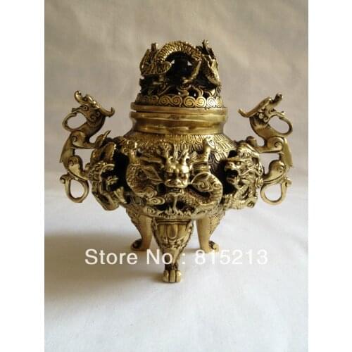 Wang 00024 Chinese wonderful Tibetan Bronze Dragon Censer Rare Censer statue Dragon