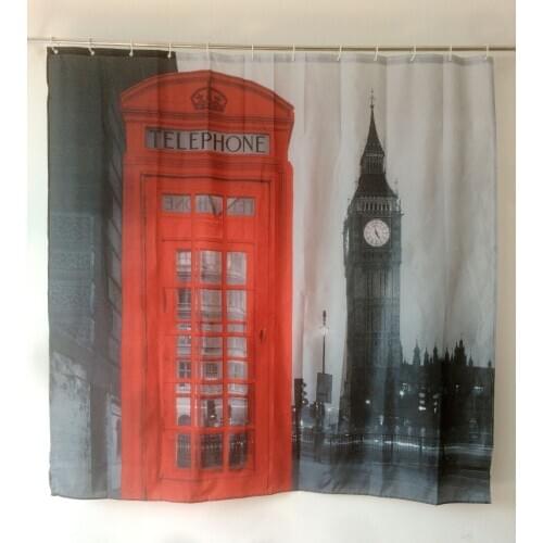 Telephone Booth Big Ben Shower Curtain Pattern Creative Bath Curtain Waterproof Polyester Fabric 72 Inch +12 Hooks