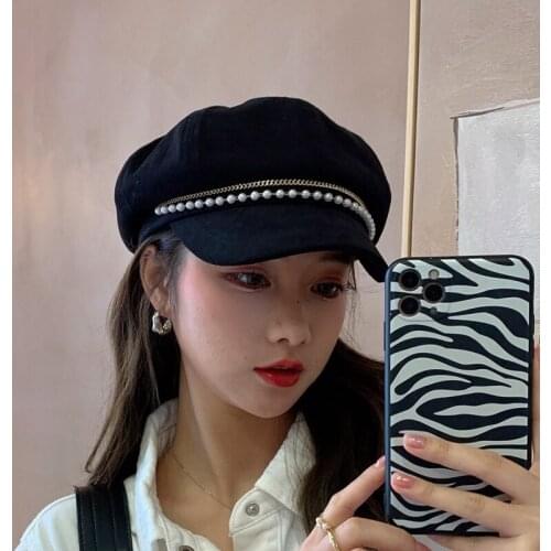 Women Winter Warm Vintage Beanie Navy Hat Imitation Pearl Buttons Beaded Thicken Faux Fur Lady Newsboy Visors Beret