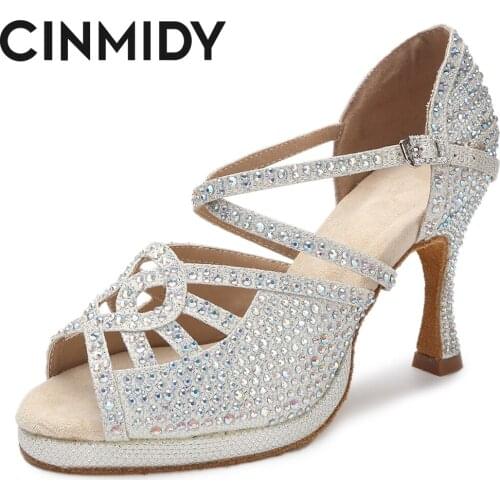 CINMIDY New Soft Sole Woman Latin Dance Shoe Ballroom Party Ladies High Heels 5CM-10CM Sandals Wedding Shoes Silver