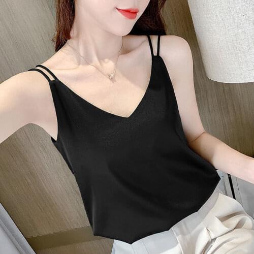 Korean Women Silk Blouses Woman Satin Tops Sleeveless Blouse V-neck Camisole Plus Size Ladies Black White Tank Top 2021 Y218
