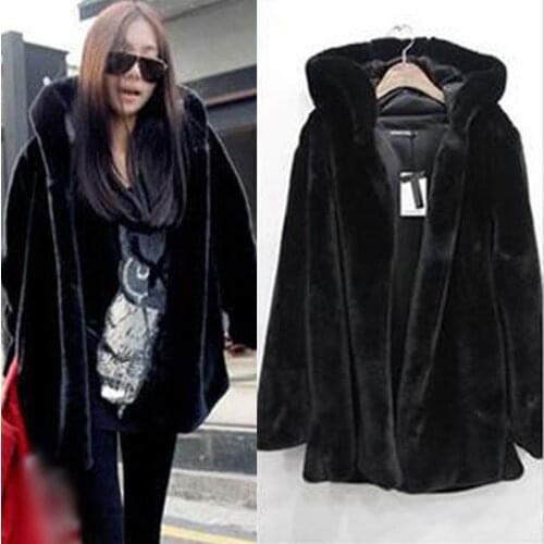 Winter Female Fur Plush Coats Warm Faux Fur Coat Jacket Black Fluffy Warm Hooded Outerwear Long Sleeve Luxury Women Jackets