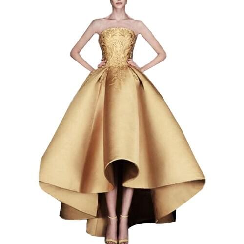 Gold Satin Appliques High Low Prom Dresses 2020 Strapless Formal Evening Dress Ball Gown Robe De Soiree