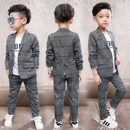 Boys Blazers Formal Dress Suit Set Autumn Clothes Children Plaid Blazer Pants 2Pcs Clothes Set Kids Wedding Party Costume